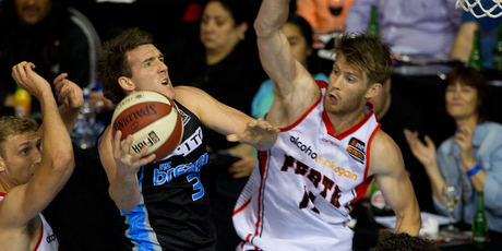 Breaker Daryl Corletto muscles his way to the basket last night. Photo / Sarah Ivey