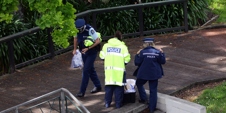 Crime scene at Myers Park Auckland today. Photo / Herald on Sunday / Doug Sherring