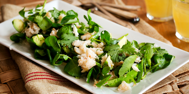 Avocado and crab with snowpeas and mirin. Photo / Babiche Martens