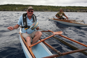 Master canoe-maker Taumafai Fuhiniu keeps a watchful eye on the writer's canoe skills.
Photo / Geoff Thomas