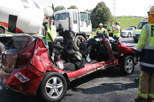 Newlyweds Kallan Stithem and Kirsten Steinke were struck by a cement-mix truck as they turned out of Waitomo Caves Rd. Photo / Waitomo News