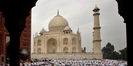 Indian Muslims offer Eid al-Fitr prayer at Shahi Masjid at the famous Taj Mahal in Agra, India. Photo / AP