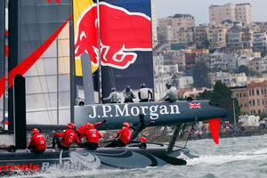 Artemis jostles for position during fleet racing in San Francisco Bay. Picture / APLuna Rossa buries its leeward hull. Photo / AP