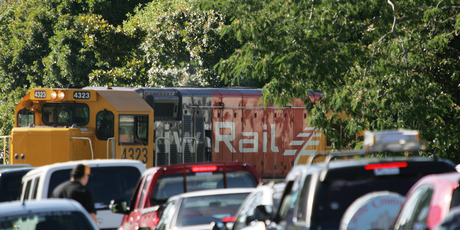 Kiwi rail loco crossing Kamo Road. in the centre of Kensington. Photo /Ron Burgin, Northern Advocate