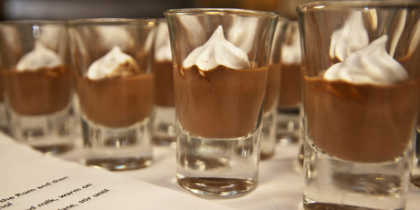 Floating Island chocolate shots topped with meringues. Photo / Jason Burgess