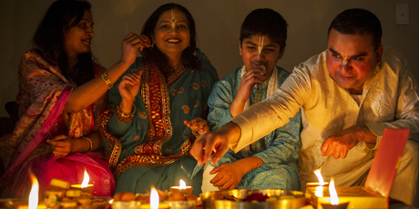 Diwali Celebrations at the Desai family home. (From left) Namrata Patil, Maithilie Desai, Jay Desai (13) and Ambrish Desai. Photo / Ted Baghurst
