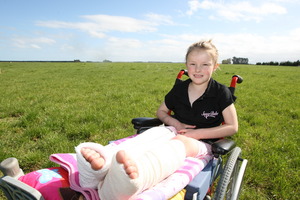 Tabitha Barwell has both legs in plaster.Photo / Ashburton Guardian