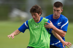 Marco Rojas and Tim Payne prepare for the All Whites' clash against Tahiti. Picture / Brett Phibbs
