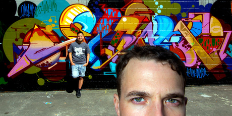 American graffiti artist Jurne (foreground) with Auckland graffiti artist Bobby Hung. Photo / Brett Phibbs