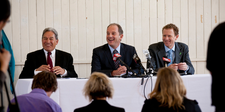 Party leaders (from left) Winston Peters, David Shearer and Russel Norman put on a united front at yesterday's summit. Picture / Dean Purcell