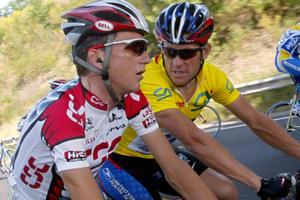 Lance Armstrong and compatriot Tyler Hamilton ride during the 4th stage of the Dauphine-Libere cycling race in 2003.Photo / AP