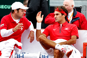 Swiss Roger Federer with coach Severin Luthi. Photo / AP