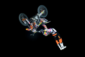 Levi Sherwood defies the law of gravity in one of the stunts that have made him a world champion. Photo / Red Bull Content Pool