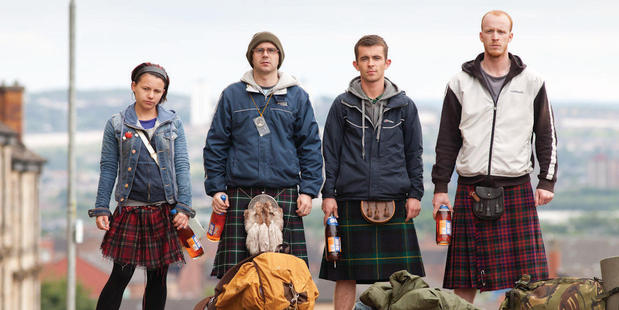 Paul Brannigan (third from left) was plucked from the streets of Glasgow to play unemployed Robbie in The Angel's Share. Photo / Supplied