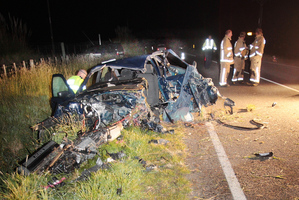 The four occupants of the BMW were taken by helicopter and ambulance to Hawkes Bay Hospital after their car left Racecourse Road. Photo / Warren Buckland
