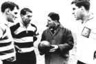 Brian Lochore, Kel Tremain, coach Fred Allen and Colin Meads talk tactics during the 1967 Northern Hemisphere tour. Photo / Supplied