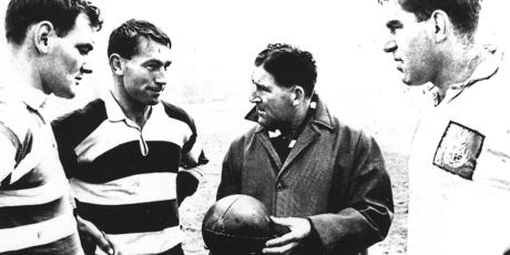 Brian Lochore, Kel Tremain, coach Fred Allen and Colin Meads talk tactics during the 1967 Northern Hemisphere tour. Photo / Supplied