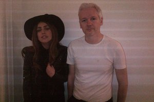 Lady Gaga and Wikileaks founder Julian Assange pose for a photo during their private dinner. Photo / Supplied