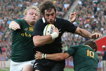 Sam Whitelock scores a try during the All Blacks test against South Africa. Photo / Getty 