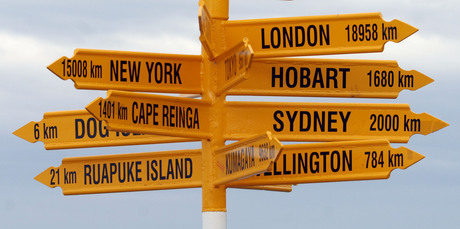 AA road sign post, Bluff, New Zealand. Photo / Ross Setford, NZPA