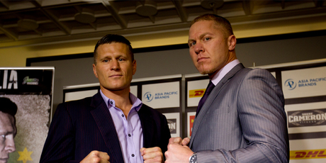 Shane Cameron (right) and Danny Green may not meet for their world title fight until next month, but the Australian today scored a unanimous victory in the war of words. Photo / Dean Purcell.