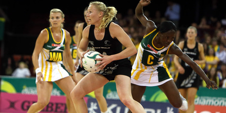 Laura Langman with South African Centre Bongiwe Msomi at last night's International Quad Series game - New Zealand v South Africa. Photo / Reed Sarah