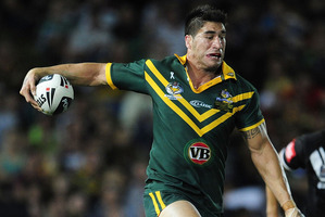James Tamou steps Kiwis hooker Issac Luke on his way to an outstanding try. Photo / Getty Images