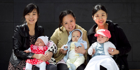 Dragon mums and babies (from left) Sara Xie with her daughter Eliza Xie (2 months), Eva Chen with son Arthur Wen (5 months) and Rae Ling with daughter Ally Tai (5 months). Photo / Natalie Slade