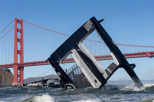 The catamaran pitch-poled in San Francisco Bay, digging both bows and the wingsail into the water. Photo / TEAM ORACLE