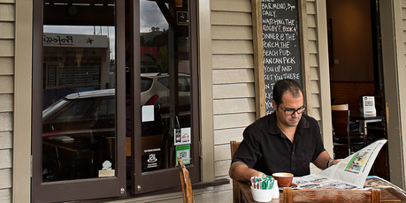 The Porch Cafe in Waihi Beach village has a fire to relax by in winter, and a deck to soak up the sun in summer. Photo / Mike Hill Photography