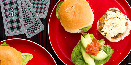 Blue cheese, beef and avocado mini burgers. Photo / Babiche Martens