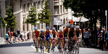 The women take to the hills on the bike leg during the ITU World Cup Auckland triathlon held in the CBD last November. Photo / Dean Purcell