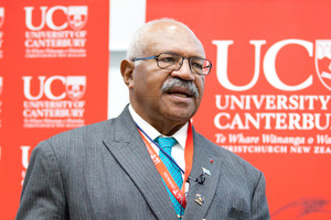 Sitiveni Rabuka talking at the Pacific conference on democracy at the University of Canterbury today. Photo / supplied