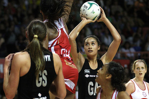 Maria Tutaia of the Silver Ferns shoots for a goal. Photo / Getty Images