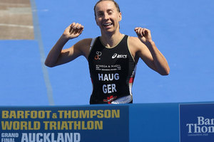 Anne Haug of Germany crosses the finish line to win the 2012 ITU Elite Women's World triathlon Grand Final. Photo / Getty Images