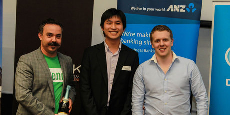 Zend ceo and guest speaker Vaughn Rowsell (l) with winning team members Shaun Tan and Oliver McGregor. Photo / supplied