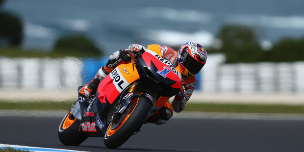 Casey Stoner of Australia rides the #1 Repsol Honda Team Honda during practice for the Australian MotoGP. Photo / Getty Images