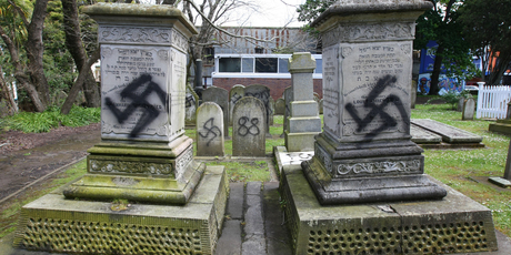 Jewish graves were desecrated with Nazi emblems at the Grafton Cemetery on Karangahape Rd. Photo / Chris Gorman