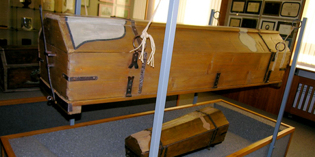 The re-usable coffin instigated in 1784 by Emperor Josef II on display at the Funeral Museum in Vienna, Austria. Picture / Supplied