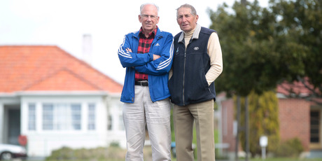 Running legends Barry Magee and Bill Baillie on Wainwright Ave, Mt Roskill, where they would start their 22 mile training runs 60 years ago. Photo / Richard Robinson
