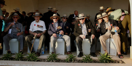 Veterans (from left) Maurice Abrahams, Thomas McNab, John Wills, Eric Wilson and Bill Bristow at the commemorations. Photo / Michael Dickison