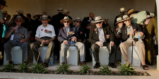 Veterans (from left) Maurice Abrahams, Thomas McNab, John Wills, Eric Wilson and Bill Bristow at the commemorations. Photo / Michael Dickison