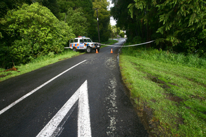 A police cordon at Where The Waters Meet scenic reserve near New Plymouth, where Anne McCullough's body was found in the back of a Holden Commodore. Photo / David Fairey