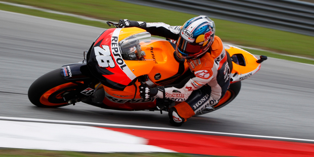Dani Pedrosa shows the style that took him to the podium. Photo / AP