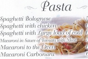 A Pasta menu. Photo / Supplied