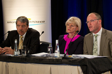 (L to R) Mighty River Power CEO Doug Heffernan, Chair Joan Withers and CFO William Meek in front of the media at Rydges hotel in central Auckland this morning. The executives were giving a media bri 