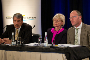 (L to R) Mighty River Power CEO Doug Heffernan, Chair Joan Withers and CFO William Meek in front of the media at Rydges hotel in central Auckland this morning. The executives were giving a media bri