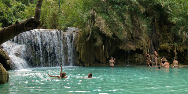 Bathers at Kuang Xi waterfalls near Luang Prabang, Laos. Photo / Supplied