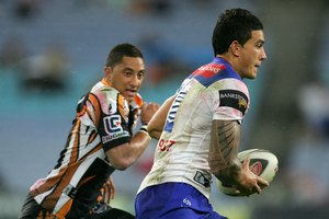 A rare moment with Sonny Bill Williams and Benji Marshall on the pitch together. Photo / Ezra Shaw