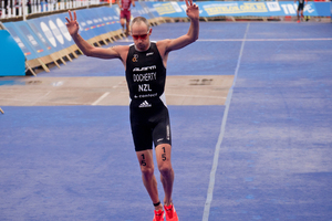 Bevan Docherty finishes the Barfoot & Thompson World Triathlon Grand Final. Photo / Dean Purcell